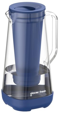 GLACIER FRESH Glas Wasserfilter-Kanne | 3 L | 1x Aktivkohle + 1x Ultrafiltration Filter | Reduziert Chlor, Fluorid, Kalkablagerungen, Schwermetalle wie Blei, Kupfer | Blau