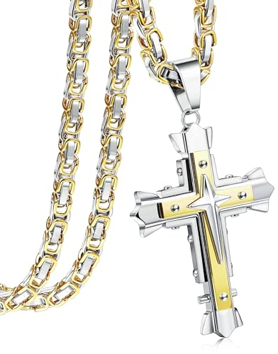 CASSIECA Kreuz Kette Herren Edelstahl Byzantinische Ketten Kreuz Anhänger für Jungs Herren Kreuz Halskette für Herren Jesus Kreuz Kette mit Königskette Gold 56cm