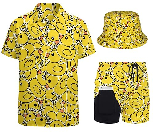 Wpamlrta Tuta da uomo in stile hawaiano anni '80 e '90, set di camicie, pantaloncini da spiaggia e cappello alla pescatora, Anatre di gomma gialla cartone animato anatre, XXL