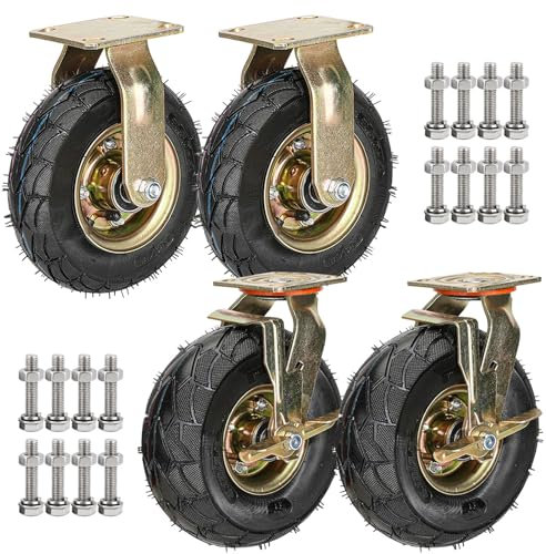 4 Schwerlastrollen Luftreifen Gummi Rollen, Möbel Industrierollen Pannensichere, Ø20cm/25cm Luftreifen Gummiräder Mit Bremse, 6mm Verdickte Stahlplatte, Für Jeden Boden Keine Kratzer