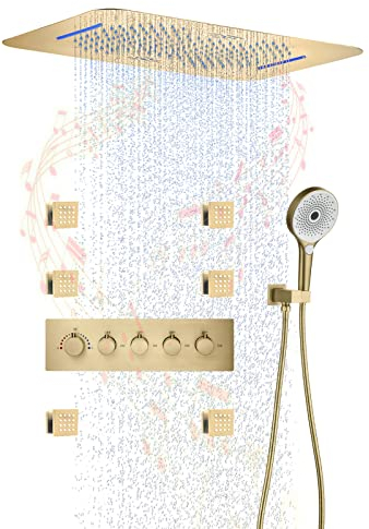 SWHC Musik Duschsystem mit Thermostat 64 Farben LED Unterputz Duscharmatur Set mit 3-Funktions Handbrause und 6 Pcs KöRperdüSen 580 * 380mm Duscharmatur Komplettset GebüRstetes Gold