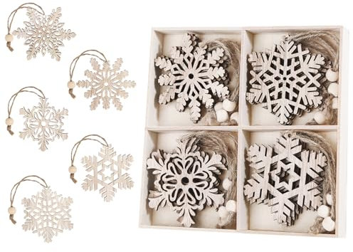 Schneeflocke Anhänger aus Naturbelassenem Holz,absolove 20x Schneeflocken aus Holz Weihnachtsbaumschmuck,5 Designs Christbaumschmuck,7,5cm Holzanhänger für Winterdeko Weihnachtsdeko DIY Basteln
