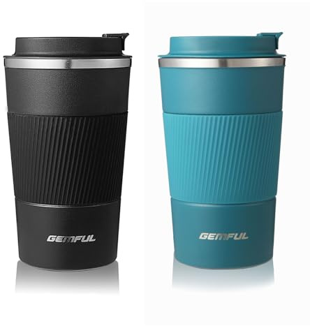 GEMFUL Travel Coffee Mug 2 Pack Insulated To Go Tumbler with Lid Portable Stainless Steel Reusable Cups Leak proof for Women Hot Cold Drinks 17oz (Black and Blue)