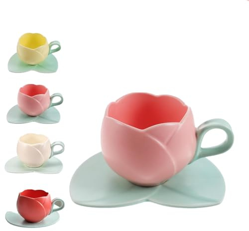 Ceramic Tulip Coffee Mug and Saucer Set, 1 Cup With Floral Design (Pink)