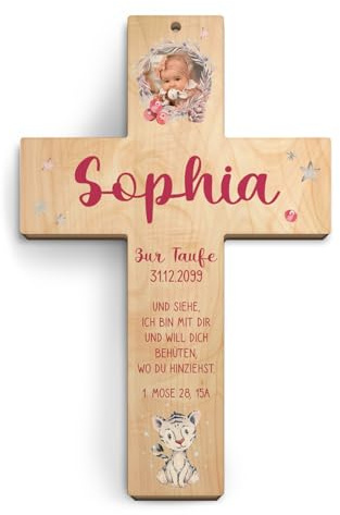 Kartenmachen.de Foto Taufkreuz personalisiert aus Holz Taufgeschenk Mädchen Junge 13x20cm - Weißer Tiger - Birkenholz Look