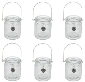 NaDeco Windlichter aus Glas mit Henkel und Herzanhänger 6 Stück H. 9 cm Ø 8cm | Teelichtgläser | Tischdeko Vasen | Hänge Vasen | Teelichtgläser zu Hängen | Dekovasen zum Aufhängen