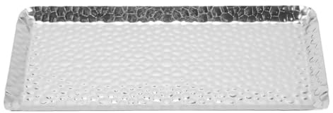 Namvo Rechteckiges dekoratives Tablett aus gehämmertem Edelstahl, Kosmetiktablett für Badezimmer, Theke, Küchentheke, Aufbewahrung, handgehämmerte Platte in elegantem Silber