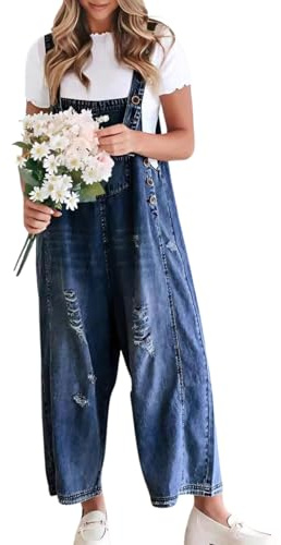 chouyatou Women Loose Adjustable Strap Denim Bib Overall Jeans Distressed Wide Leg Baggy Overalls Jumpsuit (Large, Dark Blue)