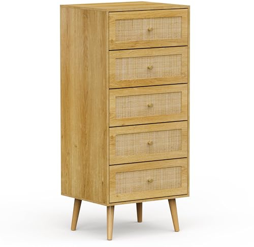 VonHaus Tall Chest of Drawers, Natural Rattan, 5 Drawer, Scandi Style