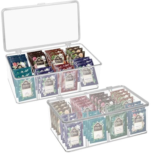Dokeno 2 Pezzi Scatola da Tè Trasparente, Organizer per Bustine di Tè con Coperchio, Porta Tisane in Plastica, Contenitore per Bustine di Tè e Tisane, 8 Scomparti, 27,5 x 15,5 x 9,4 cm