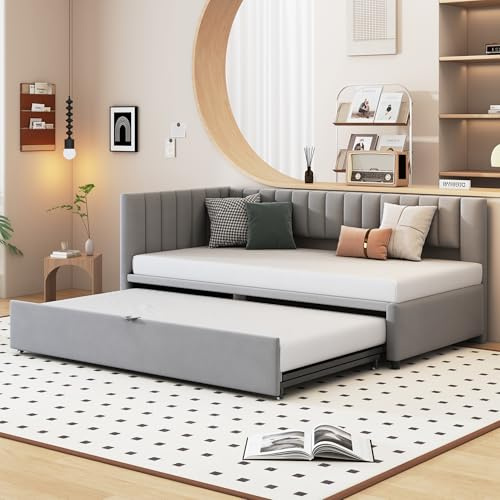 MYBOO Polsterbett Tagesbett Gästebett 90x200, L-förmiges Schlafsofa Multifunktionsbett mit Ausziehbett, Einzelbett Doppelbett Daybett Bettgestell mit Lattenrost, Samtstoff, Ohne Matratze, Hellgrau