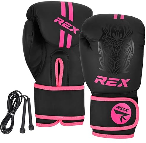 Rex Sports Boxing gloves with FREE Skipping Rope Training gloves Heavy duty punching gloves for punching bags & sparring training kids & adult size 2 OZ to 16 OZ (PINK/BLACK, 10 OZ)