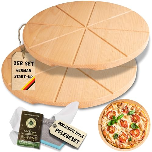 ASTREIN® | Pizzabrett aus massivem BUCHENHOLZ | Pizzateller groß | Holzbrett rund | Pizza Zubehör | 35cm | Pizza Set | Flammkuchen | Made in Europe