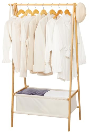 Yorbay Kleiderständer Bambus mit Aufbewahrungstasche Kleiderstange: Faltbarer Garderobe für Flur Schlafzimmer Wohnzimmer - Stabil Garderobenständer Offener Kleiderschrank mit Haken 149 cm