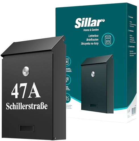 Sillar Cassetta postale a muro con serratura, targhetta portanome | Personalizzabile con numero civico | Acciaio zincato resistente agenti atmosferici | 26x18,3x5,2cm Nero | 2 chiavi, Formato C5