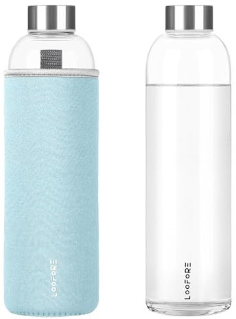 LOOFORE Borraccia in Vetro 1 litro, Bottiglia d'Acqua Trasparente Portatile con Guaina Protettiva in Neoprene, Bottiglia Vetro 1 Litro per Acqua per Il Campeggio Viaggi tè Ufficio