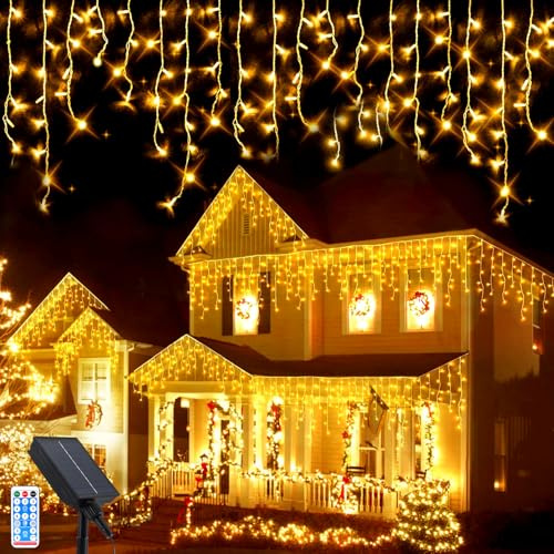 Guirnaldas Luces Exterior Solar, 10M 336 LEDs Impermeable Luces de Carámbano Solares con 8 Modos de Control Remoto, Función de Memoria, Hada Luces de Decoración para Navidad, Fiesta, Boda, Patio