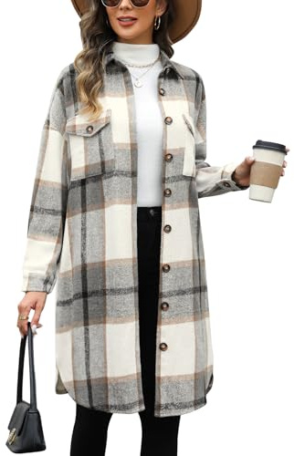 Tuopuda Veste Chemise à Carreaux en Flanelle pour Femme Manches longues Veste à Carreaux Blouse avec Boutons Long Manteau Mélange de laine(Kaki Clair,M)