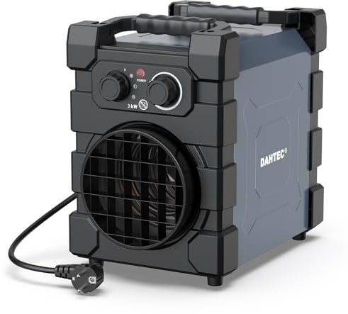 DAHTEC Professioneller Elektro Heizlüfter 3000 Watt Bauheizer Elektroheizer | Schwerem Stahlgehäuse, Überhitzungsschutz, mit Thermostat, Bautrockner für Baustelle, Garage