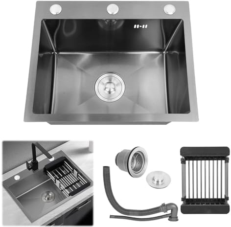 WUDLEP Black Kitchen Sink, 40 x 50cm Stainless Steel Kitchen Basin, Inset Single Bowl Workstation Unit with Multiple Accessories, for Campervan, Bar, Restaurant