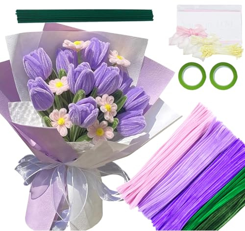 400 Stück Tulpe Pfeifenputzer Zum Basteln, 5 Farben Pipe Cleaner Chenilledraht Pfeifenreiniger Blumen Set, Bouquet Pfeifenreiniger für DIY Blumenstrauß, Blumendraht, Papier Geschenke Dekorieren-Lila