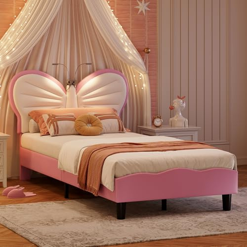 JiaOyu Kinderbett 90x200 cm, LED Einzelbett Gepolstertes Bett mit lattenrost für Mädchen, Polsterbett Jugendbett mit verstellbarem Kopfteil für Kinderzimmer, ohne Matratze (Rosa Schmetterling)