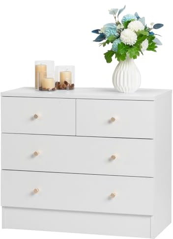 LEADZM Kommode Schlafzimmer Kommode mit 4 Schubladen,Weiß | für Wohnzimmer, Schlafzimmer, Flur, Schrank, Sideboard, Highboard, viel Stauraum