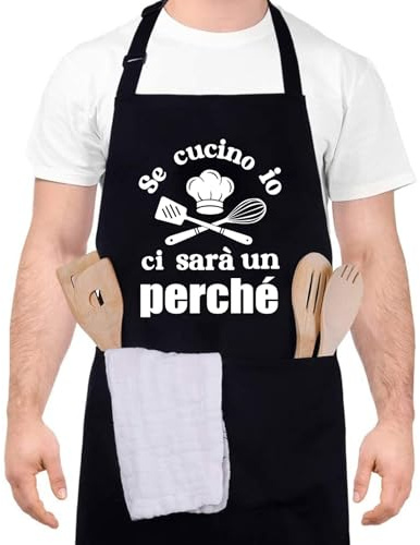 Halinuia Divertente Grembiule da Cucina con 2 Tasche Ampie Grembiule Regolabile per Uomo e Donna, Adatto per Grigliate, Forni e Cotture Professionali(Se Cucino Io C'è Un Motivo)