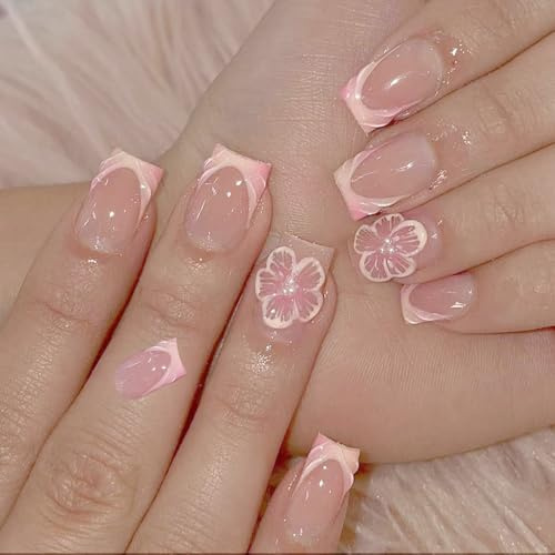 RTRTGS 24Pcs Press on Nails, Natürlich Falsche Nägel mit 3D Blumen Perlen Design, Glänzend Gel Full Cover Kunstnägel zum Aufkleben für Frauen (Kurz Eckig)