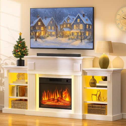 YITAHOME Electric Fireplace TV Unit, 72 White with Cabinets | Realistic LED Flamme Electric Fire and Surrounds Free Standing, TV Stand with Fireplace Built in, 24-Color-LED Light