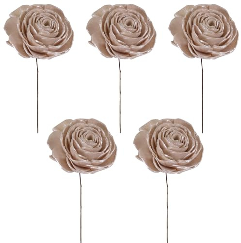 matches21 HOME & HOBBY Trockenblüten Rosen 5er Set Ø 6 cm Creme Rose am Draht - Handgefertigte Holzblumen für Boho Deko