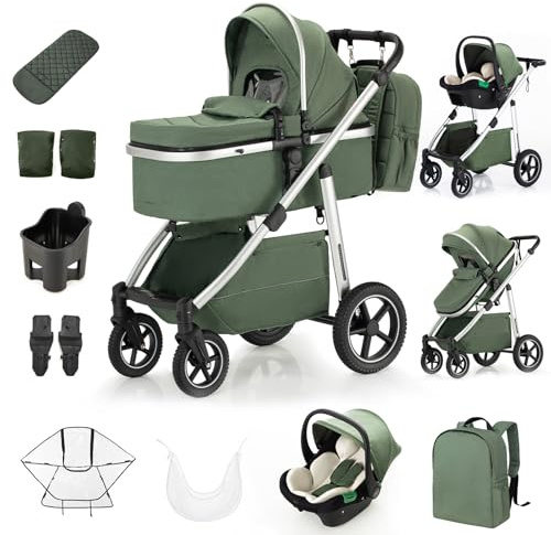 Zkipm Baby Buggy, Baby Pram, Pushchair with Seat, 3 in 1 Travel System, Foldable and Reclining Stroller, Prams with Backpack, Rain Cover, Mosquito Net, Aluminium Frame, 0-4 Years, Up to 22 kg