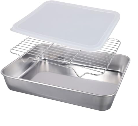 Plaque de cuisson en acier inoxydable avec grille de refroidissement et couvercle en polypropylène - Finition miroir antirouille - Pour biscuits, légumes, viande et cuisine - 26 x 20 x 5 cm