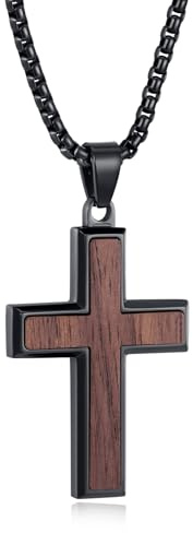 REVEMCN Wooden Cross Necklace for Men – Black Walnut & Stainless Steel Cross Pendant with Adjustable 18–24 Chain, Christian Jewellery Gift for Son
