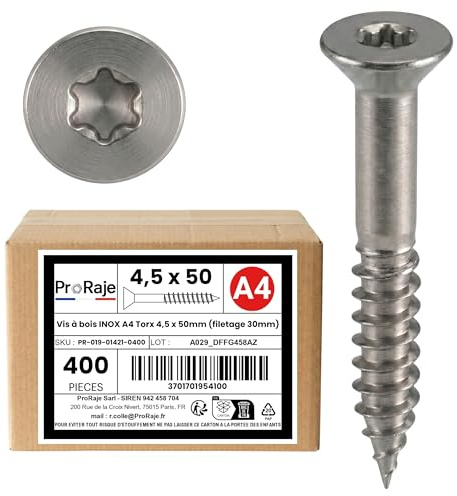 Tornillos para madera INOX A4: 4,5 x 50 mm (rosca 30 mm) | Cabeza avellanada huella TORX (TX) | Acero inoxidable A4 (V4A / AISI 316) | construcción/aglomerado/terraza/etc: lote de 400 unidades