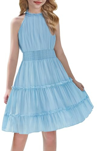 Arshiner Robe pour Filles Trapèze Bleue Mousseline à Col Halter sans Manches Robes Midi Festive Unie Robe Décontractée pour Enfant Robes Anniversaire été 8-9 Ans