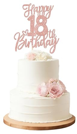 Satiskid 18th Birthday Cake Topper, Rose Gold Glitter Cake Decoration for girls, 14.7x16.5cm Cake Pick for Eighteen Years Old Birthday Party Supplies Decorations