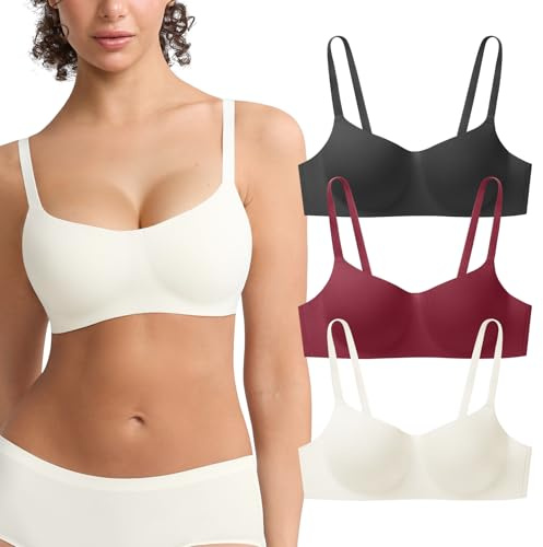 OceanDeer 3 Pack Wireless Bras for Women Comfy Lightly Lined Square Neck T-Shirt Bra Everyday Bralette, Black+Red+White, L