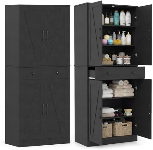 COSTWAY Küchenschrank hoch, 183 cm, Vorratsschrank mit 4 Türen, Schublade & 3 verstellbaren Regalen, Mehrzweckschrank modern, Hochschrank Buffetschrank, für Küche Esszimmer Wohnzimmer (Schwarz)