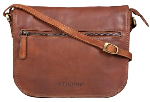 STILORD 'Elsa' Umhängetasche Damen Leder klein Handtasche Frauen Vintage kleine Damentasche Ausgehen Abendtasche Partytasche Freizeittasche Echtleder, Farbe:cognac - braun, Größe:M