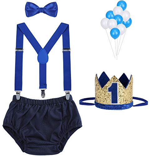 WELROG Baby Boys First Birthday Cake Smash Outfit Bow Tie Suspenders Bloomers Birthday Hat Sparkle Gold Set (Navy blue and Royal blue)