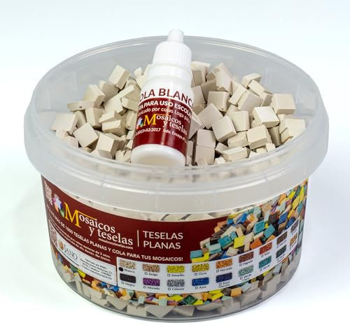 Cubo 1000 teselas blancas para mosaico planas de 7,5x7,5x3 mm. + regalo cola blanca uso escolar