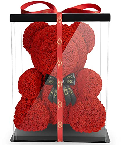 NADIR 70 cm Oso de flores con lazo, incluye caja de regalo preembalada/Día de San Valentín, Día de la Madre, cumpleaños, aniversario, infinito, oso de rosas, oso de peluche (rojo, 70 cm)