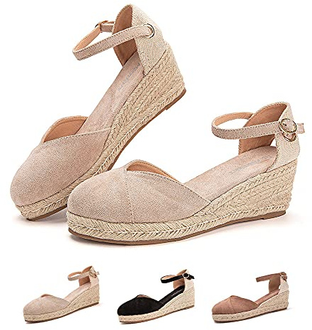 Hitmars Plateau Sandalen Damen Espadrilles mit Keilabsatz Keilsandalen Absatz Espandrillos Sommer Frauen Schuhe Geschlossene 1 Beige 37 EU