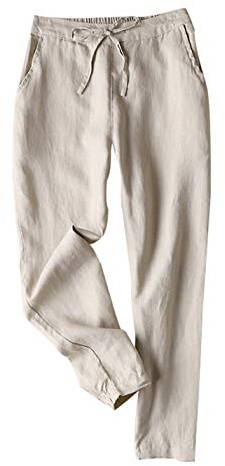 Tanming Linen Pants for Women Summer Casual High Waisted Drawstring White Beach Pant (Khaki, L)