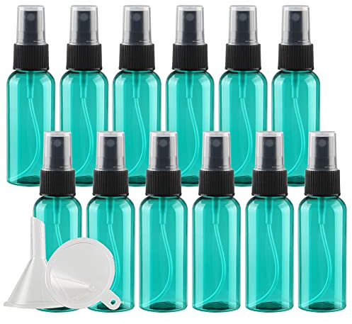TIANZD 12 Stück Tragbar Leere Grün 50 ml Kunststoff Sprühflasche mit Schwarz Zerstäuber Flasche, 50ml Feinen Nebel Pumpzerstäuber Parfümzerstäuber Zerstäuberflasche Reise Flakons, 2x Trichter