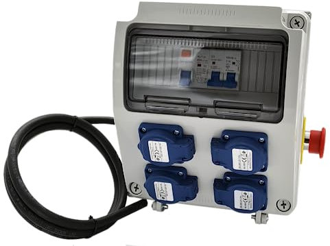 Scatola di cantiere monofase 9 moduli - 4 prese 16A con cavo - IP54 ABS - Inter Diff + interruttore + arresto di emergenza | 7kVA