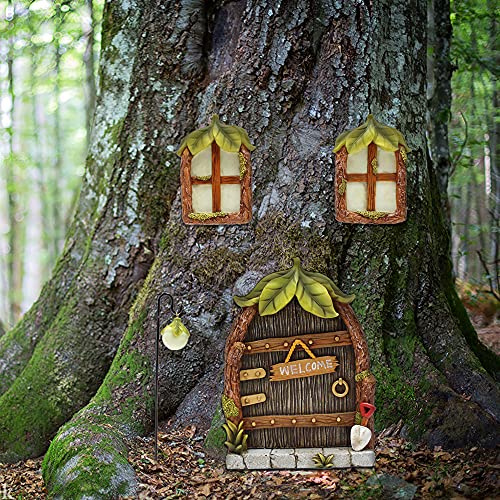 Meyas Miniatur Fairy Gnome Home Fenster und Tür,Garten Leuchtende Türen und Fenster aus Harz, Gartendeko Figuren Statuen,Garten Dekoration Skulptur Statuen Ornament,Leuchten im Dunkeln Figuren Statuen