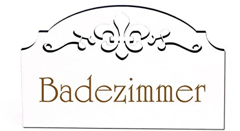 Badezimmer Schild Türschild selbstklebend Ornamente Holz weiß Vintage Bad Türdeko 155 x 95 mm