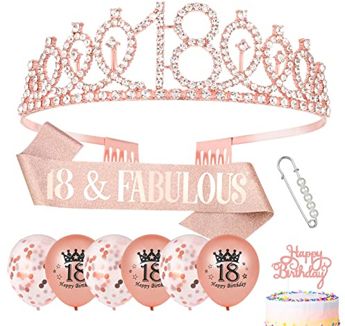 Popuppe 18th Birthday Sash and Tiara Balloons Birthday Cake Topper | Rose Gold 18 & Fabulous Sash Rhinestone Crown for Girls Birthday Gift Party Decorations Supplies